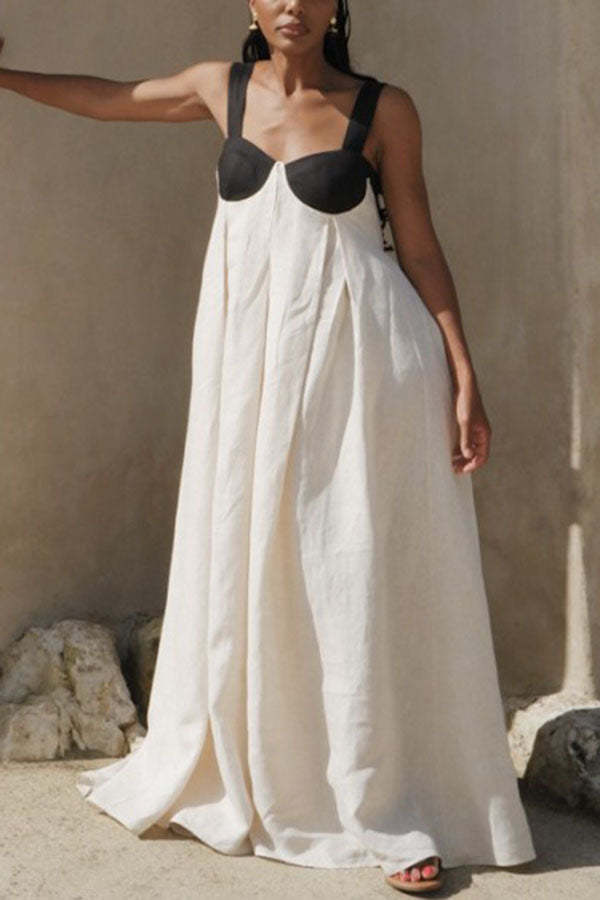 Linen Blend Colorblock Cups Backless Tie-up Loose Maxi Dress