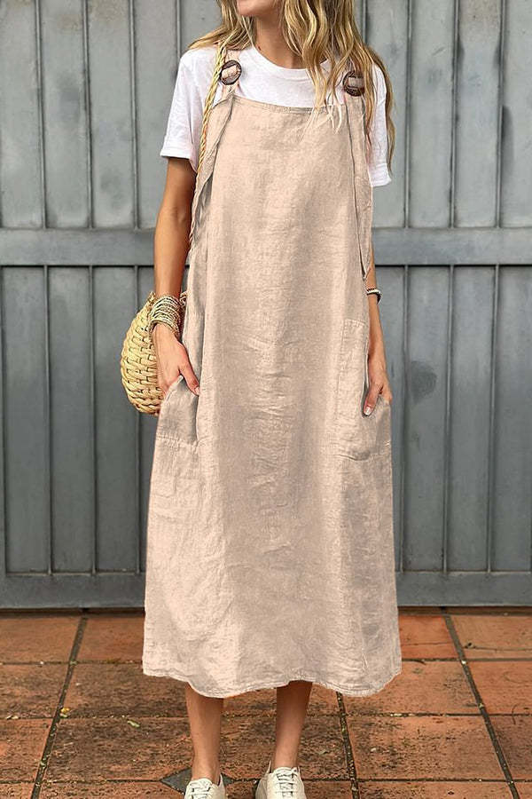 Linen Blend Fashion Adjustable Straps Casual Pocket Midi Dress