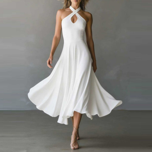 Fashion Solid Color Slim Off The Shoulder A-line Casual Elegant Halter Sleeveless Party Long Dresses