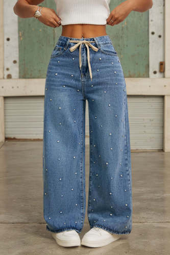 Fashion Rhinestone Embellished High Waist Tie Casual Pocket Wide Leg Jeans