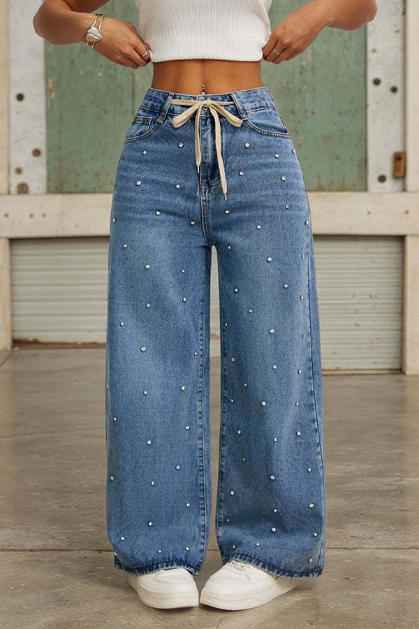 Fashion Rhinestone Embellished High Waist Tie Casual Pocket Wide Leg Jeans