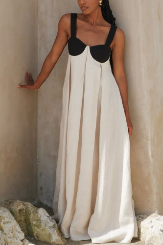 Linen Blend Colorblock Cups Backless Tie-up Loose Maxi Dress