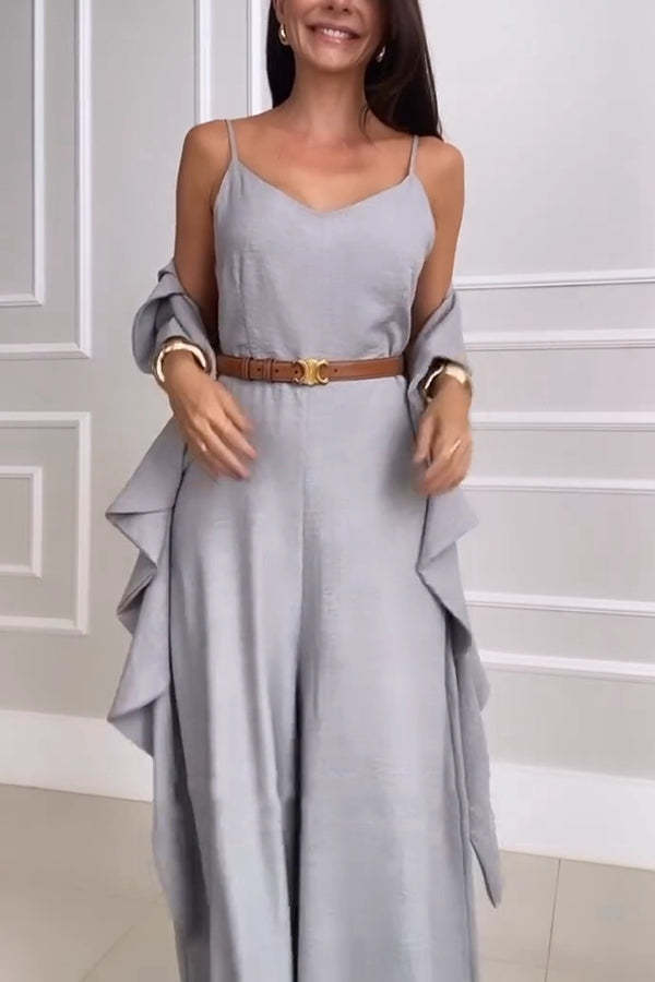 Solid Color V-neck Suspenders Casual Wide-leg Jumpsuit (Contains Shawl)