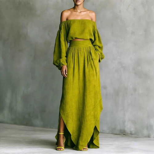 2026  Chic Linen Trendy Off-Shoulder Puff Sleeve Crop Top Split Skirt 2 Piece Set Premium Linen Set