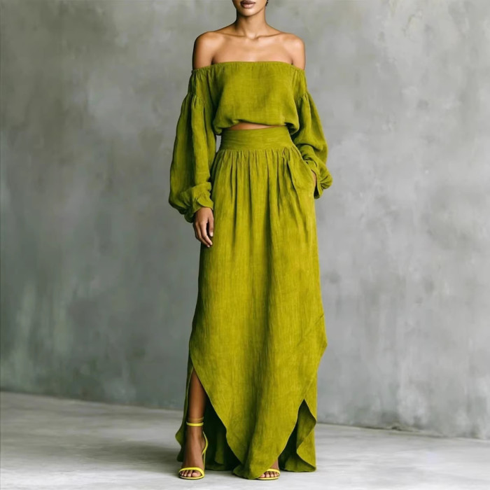 2026  Chic Linen Trendy Off-Shoulder Puff Sleeve Crop Top Split Skirt 2 Piece Set Premium Linen Set