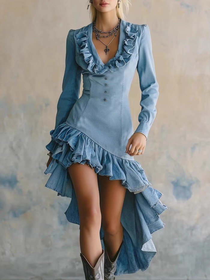 Women's Retro Western Countryside Style Ruffled Pre-Washed Denim Dress