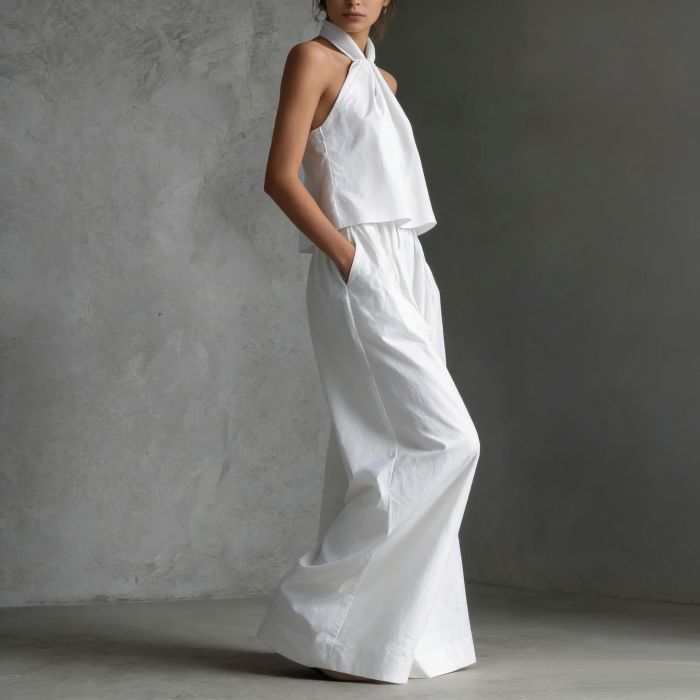 Elegant Lady High Waist Pants Sets Stylish Hollow Out Sleeveless Halter Tops+ Pants Sets