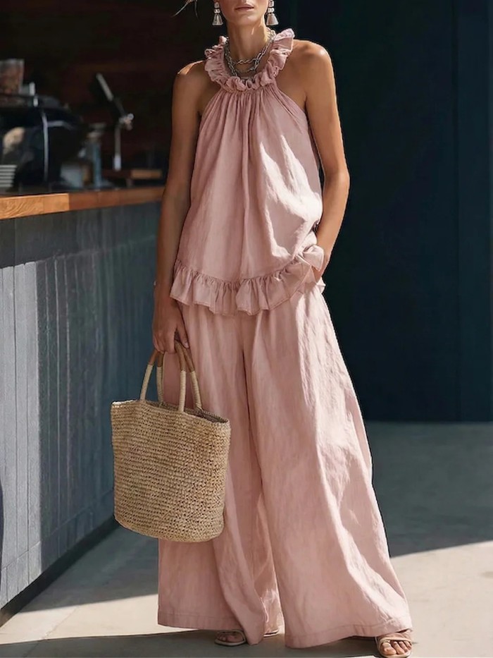 Women's Two-Piece Set: Solid-Color Halter Top & Casual Wide-Leg Pants — An Elegant Ensemble