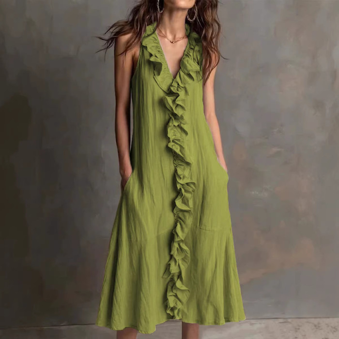 Women's Fashion Solid-Color Sleeveless Cotton-Linen V-Neck Flared Dress with Ruffles