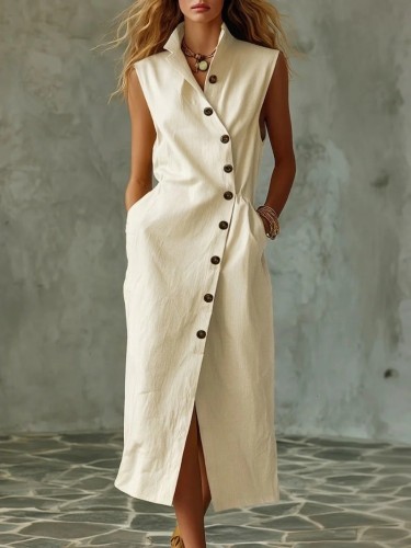 ✨Turn-down Collar Button Sleeveless Dress 🤍