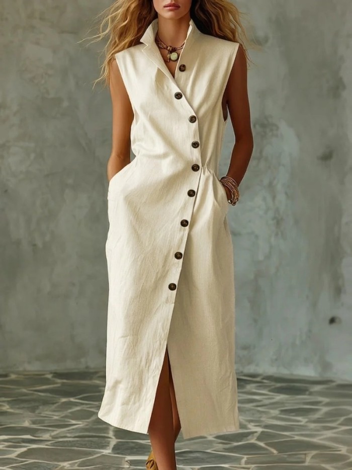 ✨Turn-down Collar Button Sleeveless Dress 🤍