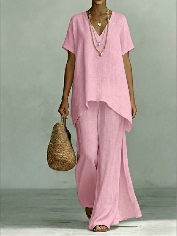 Classic Casual Short-sleeved Linen And Cotton Top And Wide-leg Pants Two-piece Set
