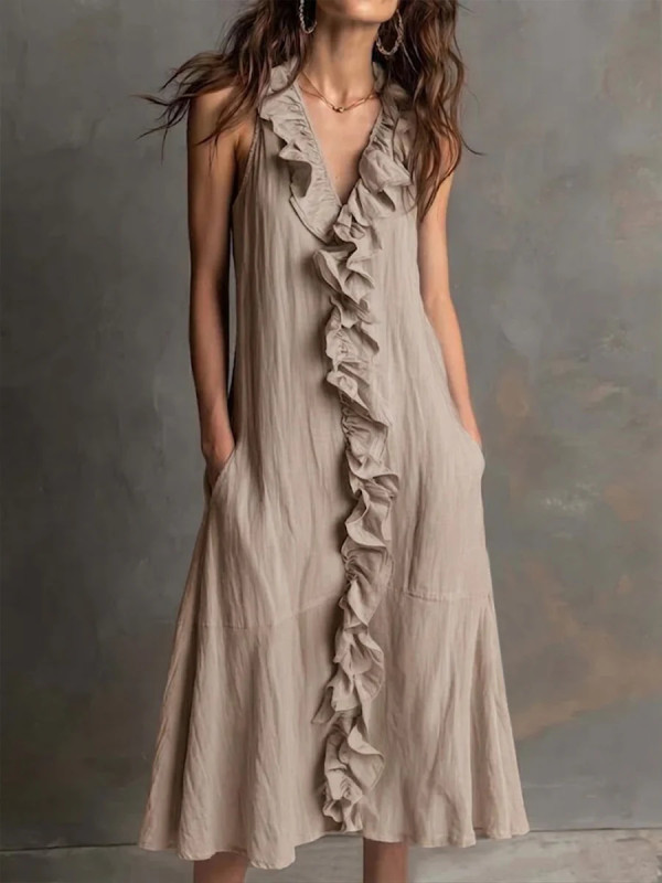 Women's Fashion Solid-Color Sleeveless Cotton-Linen V-Neck Flared Dress with Ruffles