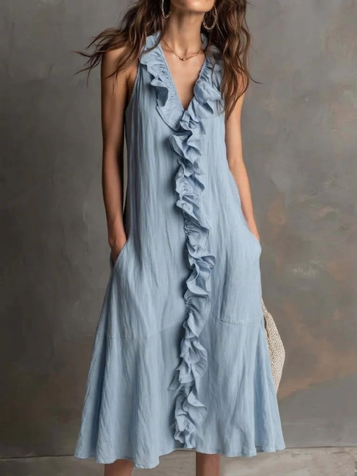 Women's Fashion Solid-Color Sleeveless Cotton-Linen V-Neck Flared Dress with Ruffles