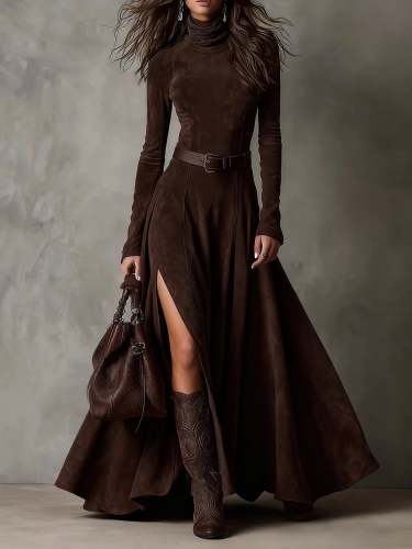 Dark Brown Faux Suede Turtleneck Long Sleeve Slit Maxi Dress