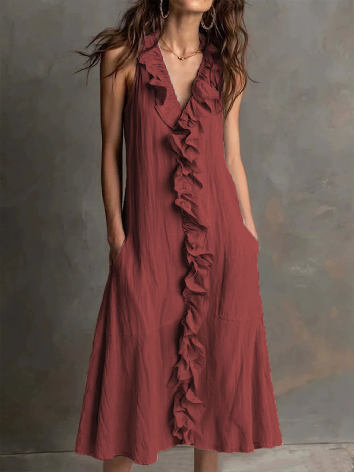 Women's Fashion Solid-Color Sleeveless Cotton-Linen V-Neck Flared Dress with Ruffles