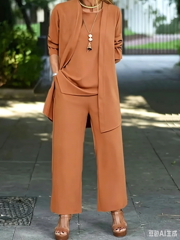 Casual Three-piece Solid Set, Long Sleeve Cardigan & Top & Long Pants Outfits, Women's Clothing