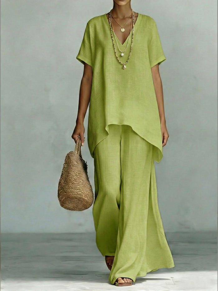 Classic Casual Short-sleeved Linen And Cotton Top And Wide-leg Pants Two-piece Set
