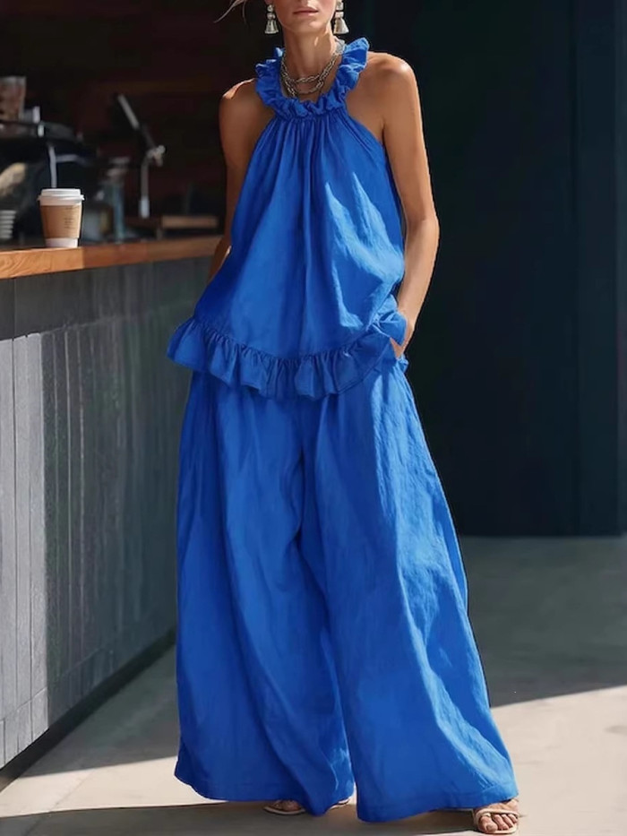 Women's Two-Piece Set: Solid-Color Halter Top & Casual Wide-Leg Pants — An Elegant Ensemble
