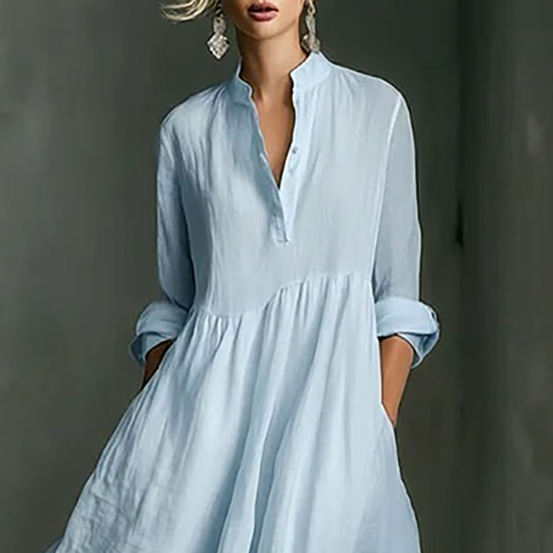 Women's Casual Elegant V Neck High Waist A-Line Retro Solid 3/4 Sleeve Ruffle Hem Boho Maxi Dress