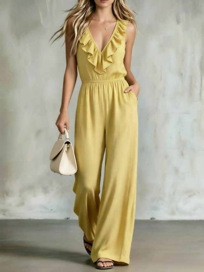 Women's Fashion: Elegant & Chic Ruffled V-Neck Slim-Fit Jumpsuit