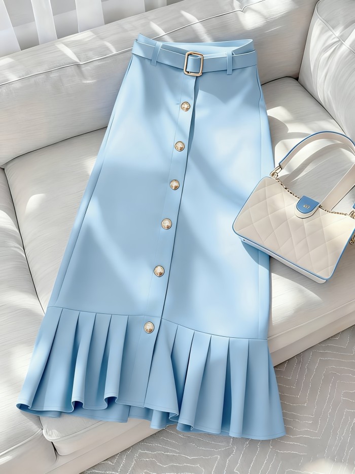 ✨Blue High-Waisted Metal Button Fishtail Skirt 🤍