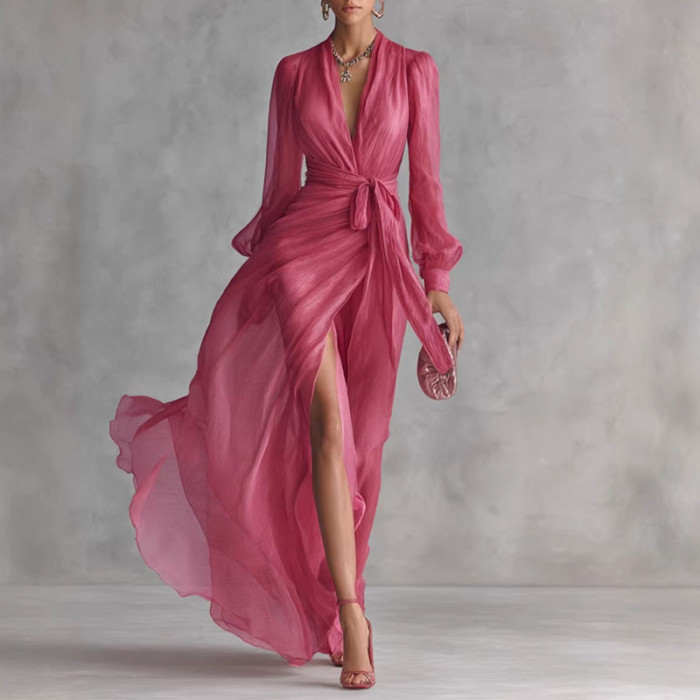✨Bohemian Summer Deep V Neck Puff Sleeve High Slit Maxi Dress🌿