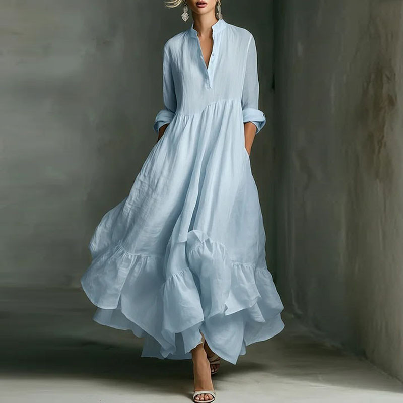 Women's Casual Elegant V Neck High Waist A-Line Retro Solid 3/4 Sleeve Ruffle Hem Boho Maxi Dress