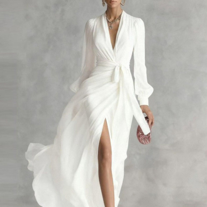 ✨Bohemian Summer Deep V Neck Puff Sleeve High Slit Maxi Dress🌿