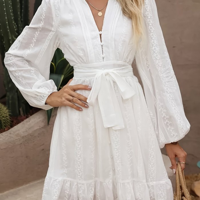 Deep V Neck Lantern Sleeve Waist Tie Ruffle Hem Dress💐