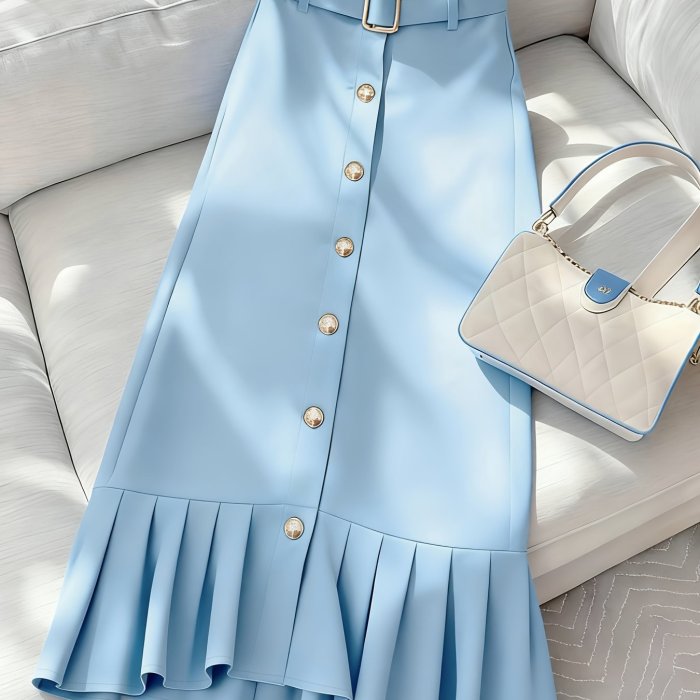✨Blue High-Waisted Metal Button Fishtail Skirt 🤍