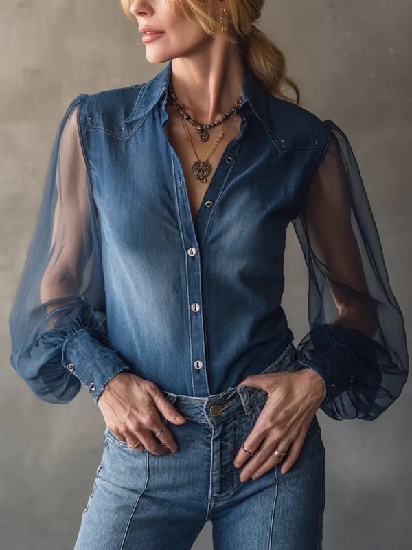 ✨Vintage Denim Sheer Mesh Blouse🖤