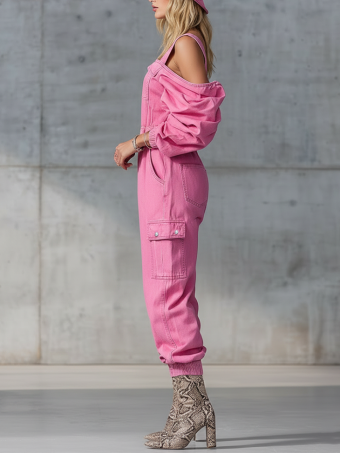 Solid Zipper High Waist Loose Long Sleeve One Piece Romper👖