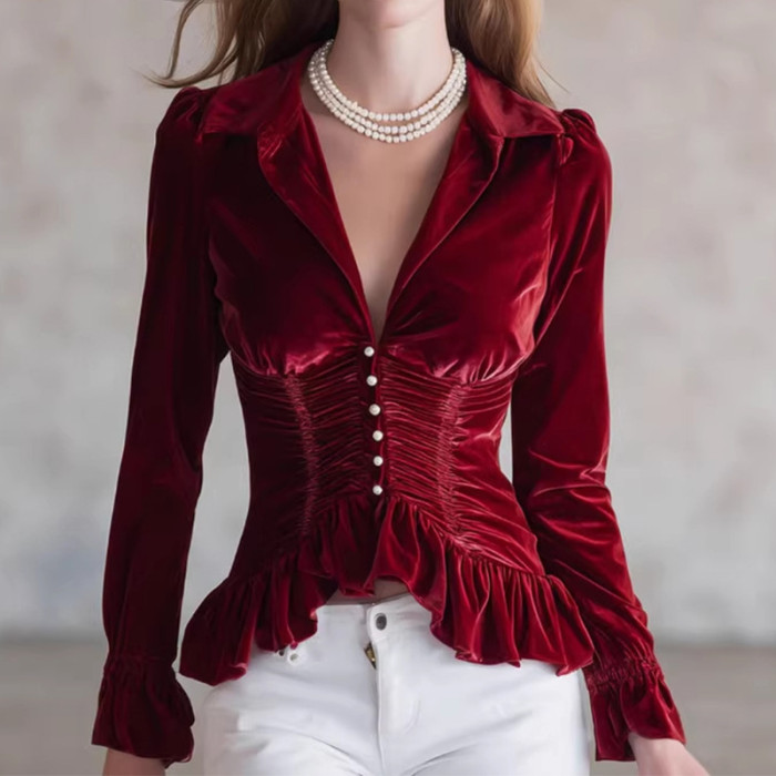 ✨Vintage Velvet Suit Collar Pleated Blouse 🤎