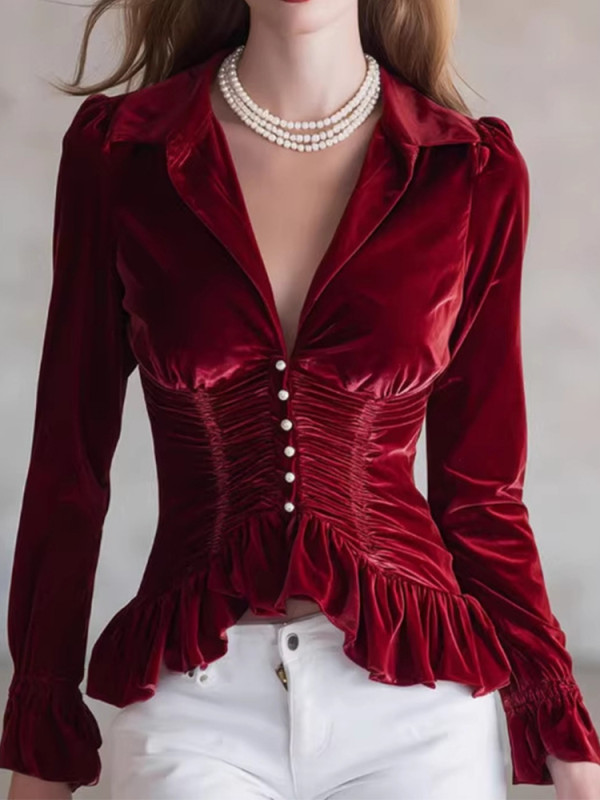 ✨Vintage Velvet Suit Collar Pleated Blouse 🤎