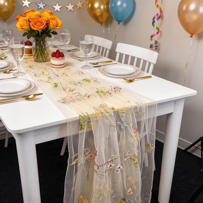 10Ft Floral Garden Tulle Table Runner for Spring, Perfect for Decorating Your Dining Table During Holidays, Weddings, Baby Showers, And Birthdays