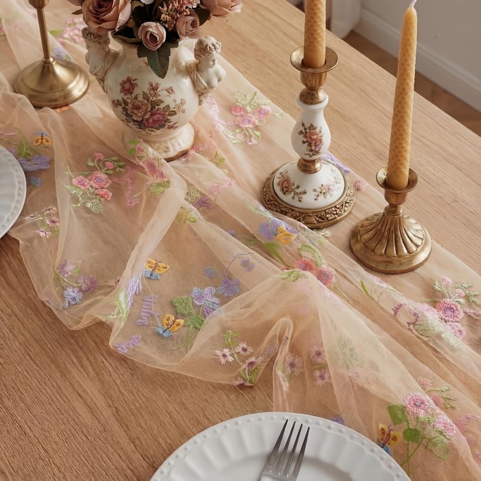 10Ft Floral Garden Tulle Table Runner for Spring, Perfect for Decorating Your Dining Table During Holidays, Weddings, Baby Showers, And Birthdays