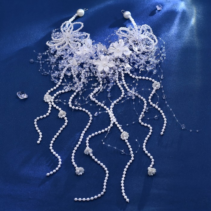 Elegant White Flower Handmade Beaded Tassel Hair Accessory, Suitable for Various Occasions Such As Girlfriend Gatherings And Parties HP741