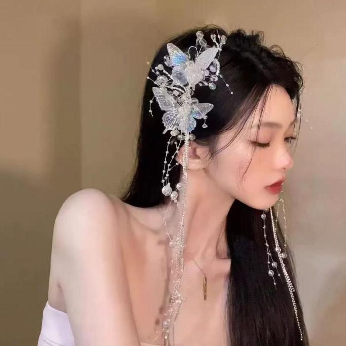 Butterfly Hair Clip Fairy Temperament Sweet Princess Hairpin - Long Butterfly Beaded Tassel Hair Clip for Women Fashion Bride Hair Accessories