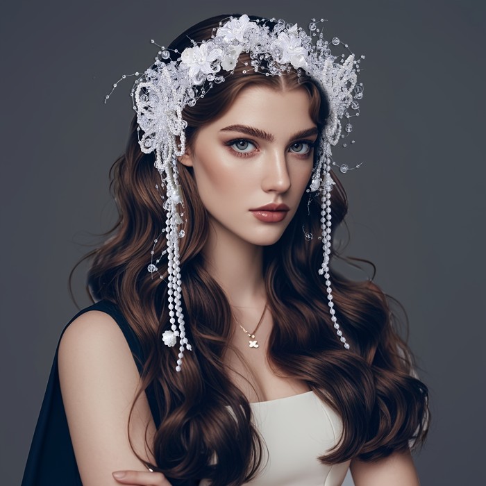Elegant White Flower Handmade Beaded Tassel Hair Accessory, Suitable for Various Occasions Such As Girlfriend Gatherings And Parties HP741