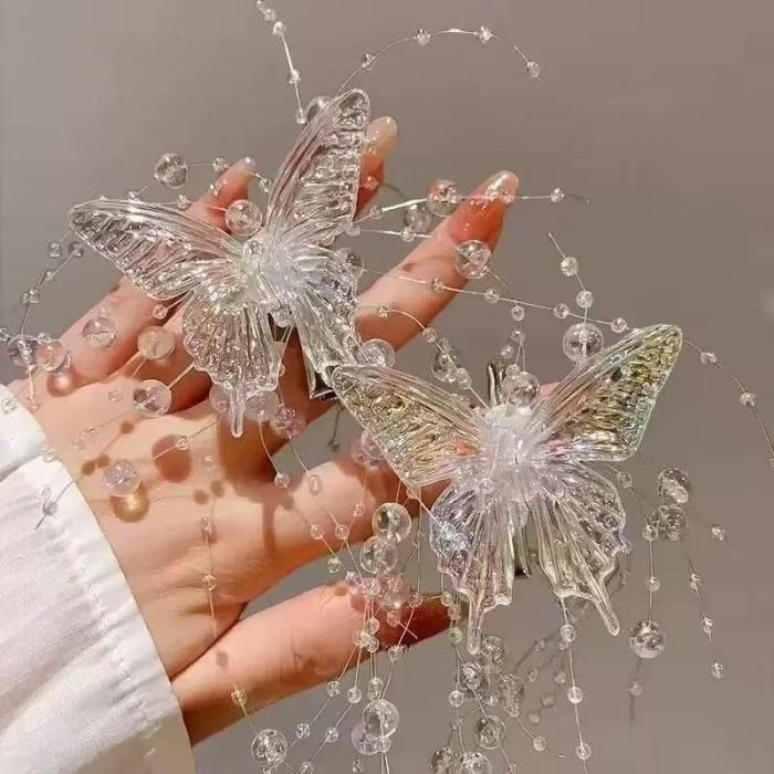 Butterfly Hair Clip Fairy Temperament Sweet Princess Hairpin - Long Butterfly Beaded Tassel Hair Clip for Women Fashion Bride Hair Accessories