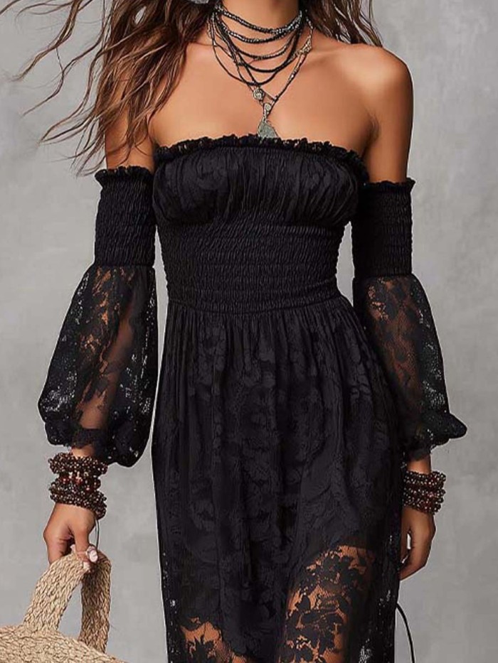 Black Off-shoulder Lace Pleated Maxi Dress