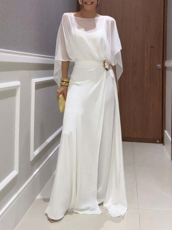 Chiffon Cape Top and Metal Buckle Wrap Wide-Leg Pants Set