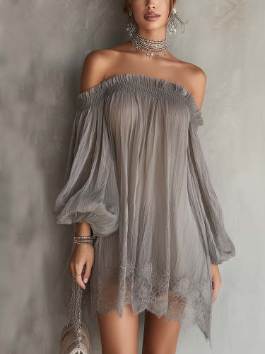 Grey Chiffon Off-shoulder Lace-trimmed Mini Dress