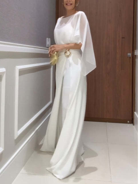 Chiffon Cape Top and Metal Buckle Wrap Wide-Leg Pants Set
