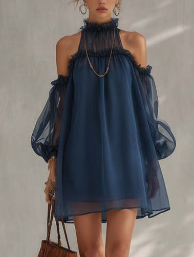 Navy Blue Tulle Halter Neck Off-shoulder Chiffon Mini Dress