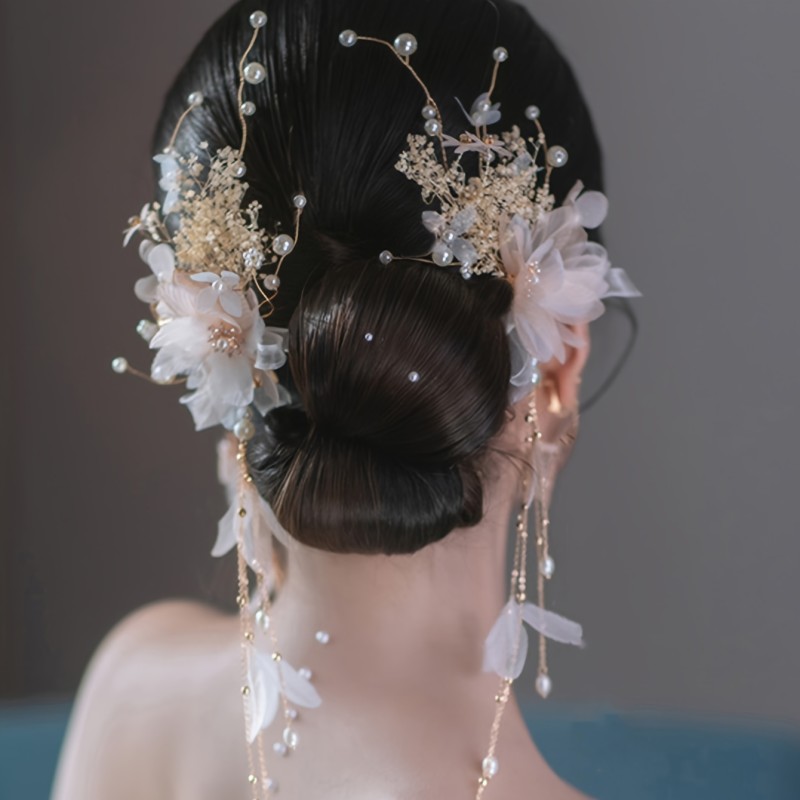 2pcs Fashion Sweet Imitation Pearl Tassel Bridal Gauze Flower Hair Clip Hair Styling Party Duckbill Headdress