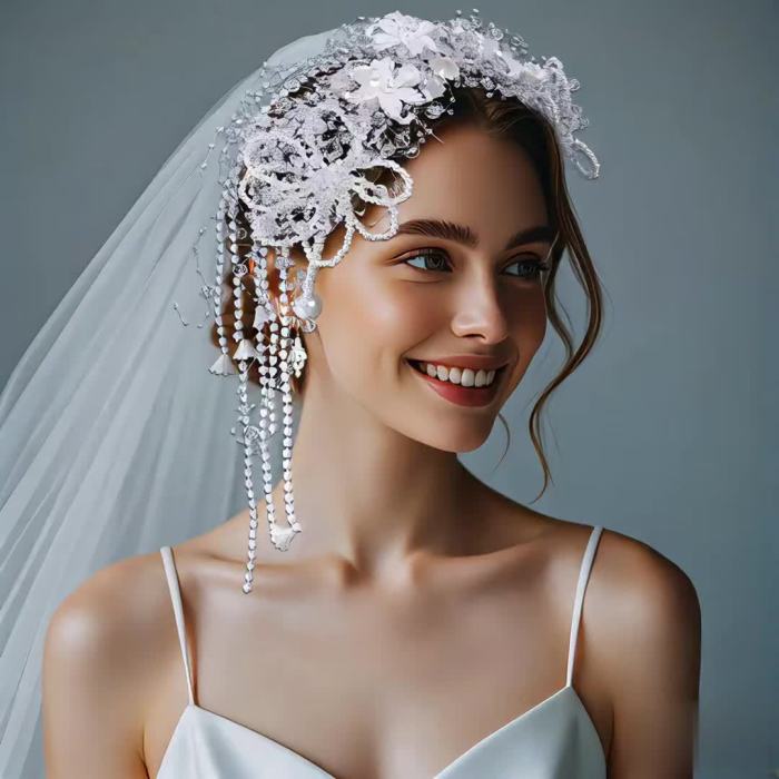 Elegant White Flower Handmade Beaded Tassel Hair Accessory, Suitable for Various Occasions Such As Girlfriend Gatherings And Parties HP741