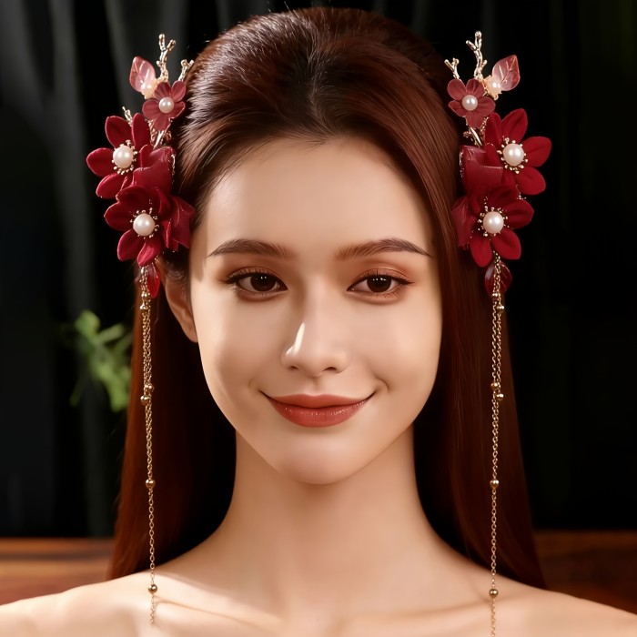2pcs Ancient Style Hairpins with Tassels, Ultra-Ethereal Voile, -Embellished Hanfu Hair Accessories, Headwear, Ancient Costume Flower Hairpins with Noble Tassels, Pure Handmade Hairpins