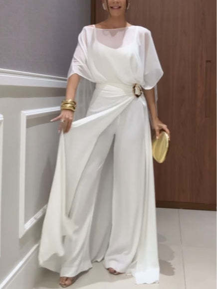 Chiffon Cape Top and Metal Buckle Wrap Wide-Leg Pants Set